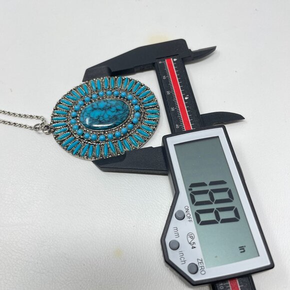 Petit Point Turquoise Blue Pendant Necklace Silver-Tone Long Southwest Western - Picture 11 of 12